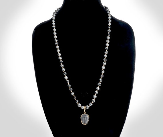 14k & stone beads necklace with detachable fossil… - image 1