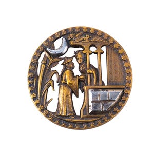 May include: A circular, antique bronze-toned relief sculpture depicting two figures in traditional Asian attire. The detailed artwork includes a crescent moon, bamboo stalks, and a decorative border. The figures appear to be interacting near a window.