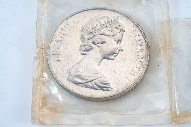 Pu&ograve; includere: Una moneta d'argento con un ritratto della regina Elisabetta II e il testo "BERMUDA ELIZABETH II" attorno al bordo.