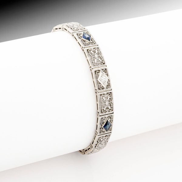 Art Deco 14k filigree diamond and blue sapphires bracelet