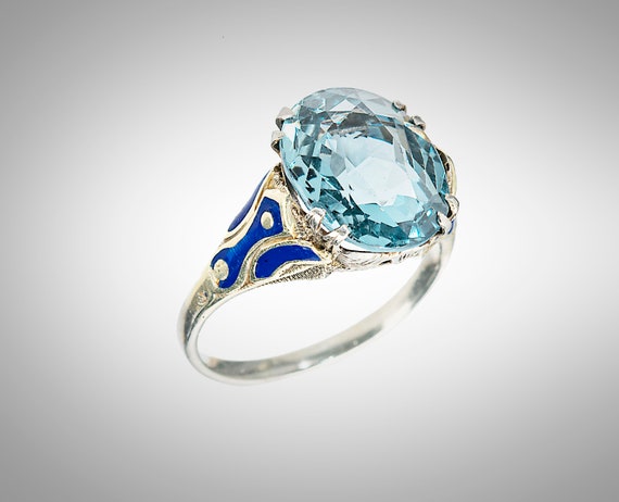 antique enameled palladium & aquamarine ring - image 2