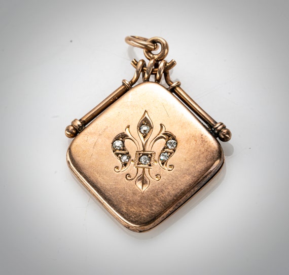 antique Victorian 14k fob/locket w/diamond set fl… - image 1