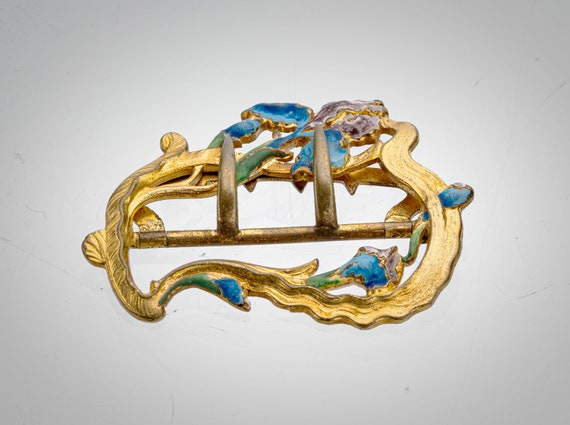 Art Nouveau  enameled floral gilt brass sash buck… - image 3