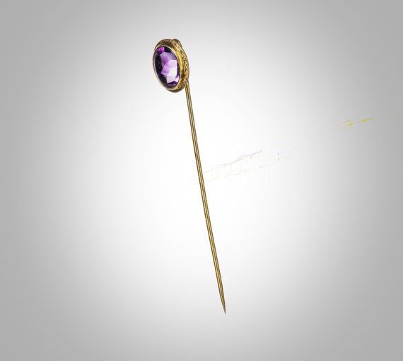 Arts & Crafts 14k stick pin w/oval amethyst caboc… - image 3