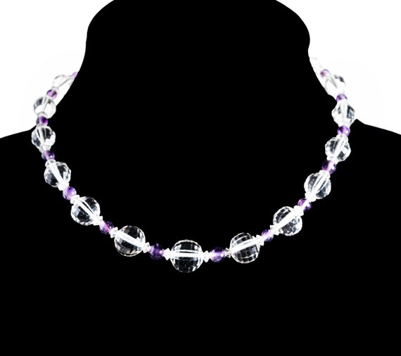 graduated necklace faceted rock crystal & amethys… - image 2