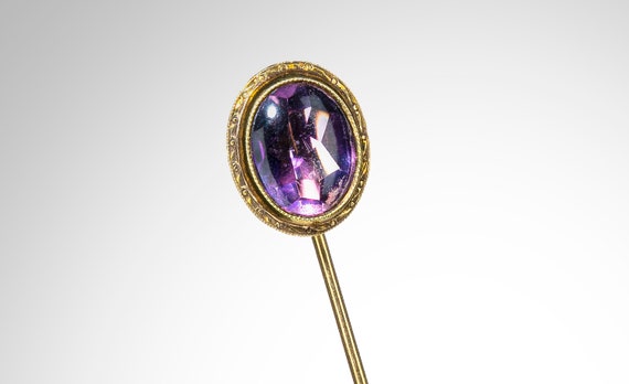 Arts & Crafts 14k stick pin w/oval amethyst caboc… - image 1