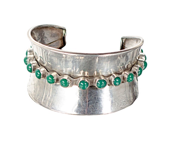 Sterling & green onyx cabochons cuff bracelet - image 1