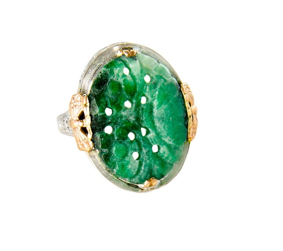 Art Deco 14k multi color gold & carved jade ring … - image 3
