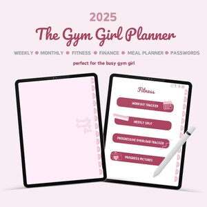 Digitaler Planer, datiert, wöchentlich, monatlich, Fitness, Finanzen, Passwörter, GoodNotes, iPad, rosa Planer, Fitnessstudio-Mädchenplaner, 2025, Datierter Planer