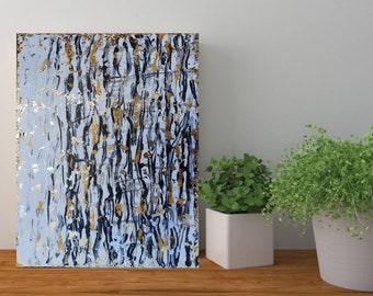 11 x 14 inches Black, white and gold abstract lines canvas painting, with gold and silver leaf.