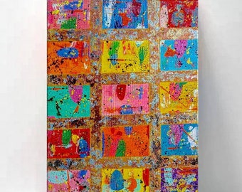 30cm X 40cm Patchwork squares abstract canvas painting, with gold, copper and silver leaf.
