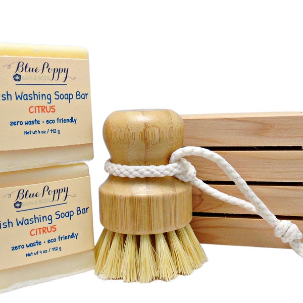 Eco Friendly Kitchen Gift Set, Zero Waste Cleaning Dish Soap, Brush, Cedar Soap Deck