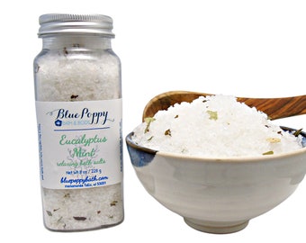 Spa Bath Salts with Eucalyptus Mint Essential Oils, Botanical Salt Soak, Relaxation Gift for Well Being