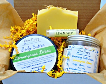 Lemongrass Litsea Bath Gift Set with Soap, Body Butter, Fizzy Salt Soak, Lemon Lip Balm