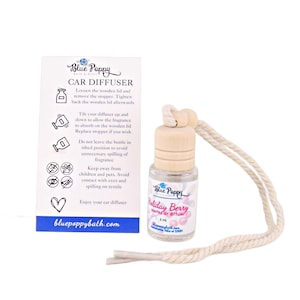 May include: A car air diffuser with a wooden lid and a beige rope. The glass bottle contains a Holiday Berry scented air diffuser. A white card with instructions and the Blue Poppy logo is next to the bottle.