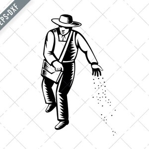 Agricultor Orgânico Semeando Sementes Vistas de Frente Retro Preto e Branco Svg-Farmer SVG-Cut File-Organic Farmer DXF-jpg-png