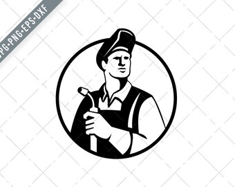 Soldador con visor sosteniendo antorcha de soldadura círculo retro negro y blanco SVG-soldadura SVG-Tig soldador corte archivo-arce DXF-jpg-png