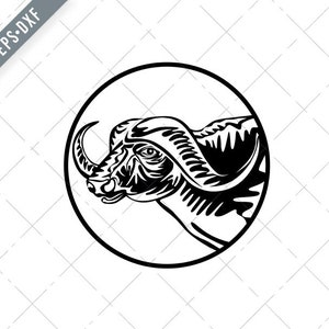 Głowa afrykańskiego bawoła lub bawołu afrykańskiego Widok z przodu Retro Czarno-biały Svg-SVG-Cape Buffalo Cut File-DXF-jpg-png