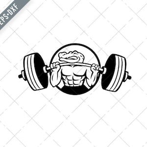May include: Black and white illustration of a muscular alligator lifting a barbell. The alligator is wearing a black shorts and has a determined expression on its face.