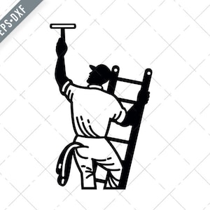 Window Cleaner on Ladder Cleaning Window Retro Black and White SVG-Window Cleaner SVG-Cleaner Cut File-DXF-jpg-png