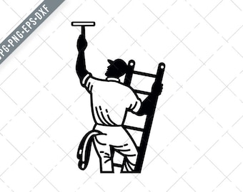 Window Cleaner on Ladder Cleaning Window Retro Black and White SVG-Window Cleaner SVG-Cleaner Cut File-DXF-jpg-png