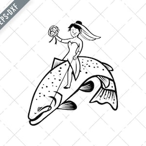 Novia mujer pescador con ramo de flores montando un steelhead trucha dibujos animados negro y blanco Svg-Bride SVG-Steelhead corte archivo-DXF-jpg-png