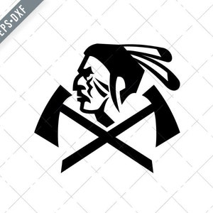 May include: Black and white silhouette of a Native American warrior's head with a feathered headdress, crossed behind his head with two tomahawks.