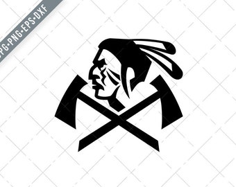Head of Native American Indian Warrior with Crossed Tomahawk Mascot Black and White