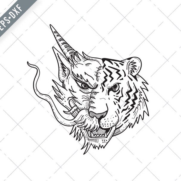 Head of a Half Chinese Dragon Half Bengal Tiger Front View Drawing Svg-Half Chinese Dragon SVG-Half Bengal Tiger Cut File-DXF-jpg-png