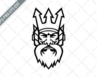 Cabeza de Angry Poseidon Griego Dios del Mar o Neptuno Negro y Blanco Mascota Svg-Neptune SVG-Poseidon Cut File-DXF-jpg-png