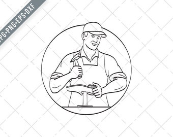 Cobbler Shoemaker or Cordwainer Shoe Repair Repairing and Restoring Footwear Line Art Drawing Black and White Svg-SVG-Cut File-DXF-jpg-png