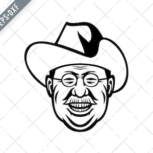 Amerikanischer Präsident Theodore Roosevelt Rough Riders Kopf Maskottchen schwarz und weiß Svg-Teddy Roosevelt SVG-Cut Datei-DXF-jpg-png