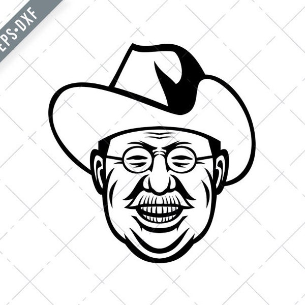 American President Theodore Roosevelt Rough Riders Head Mascot Black and White Svg-Teddy Roosevelt SVG-Cut File-DXF-jpg-png