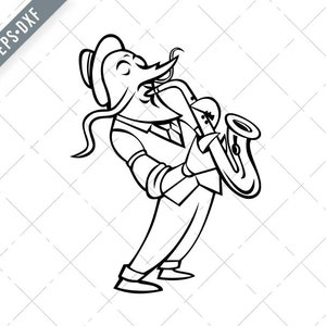 May include: A black and white line drawing of a cartoon shrimp playing a saxophone. The shrimp is wearing a hat and a suit.