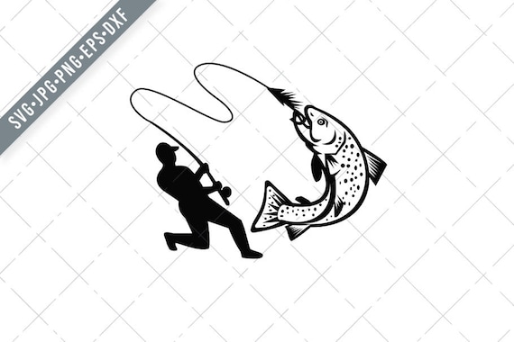 Fly Fisherman Hooking Brook Trout Retro Black and White Svg-fly