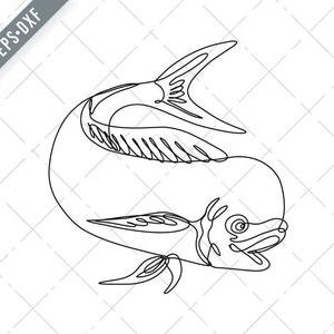 Dorado Delphin Fische Mahi Mahi Jumping Continuous Line Zeichnung Schwarz-Weiß-Mahi Mahi SVG-Delfin Fische Cut File-DXF-jpg- Dorado png
