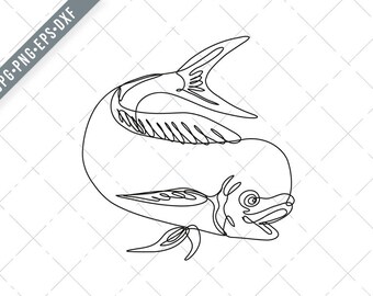 Dorado Dolphin Fish Mahi Mahi Jumping Continuous Line Drawing Black and White-Mahi Mahi SVG-Dolphin Fish Cut File-DXF-jpg- Dorado png