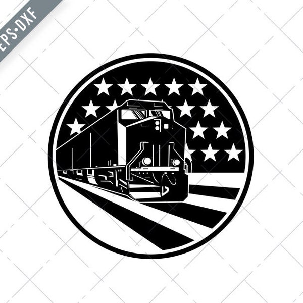 American Diesel Locomotive Train Front With USA Stars and Stripes Flag Retro Svg-Diesel Locomotive SVG-Diesel Train  Cut File-DXF-jpg-png