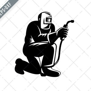 以下が含まれることがあります： 溶接工がひざまずいて溶接トーチを持っている白黒のイラスト。溶接工は溶接ヘルメットと保護服を着ています。