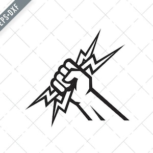 May include: Black and white illustration of a fist gripping a lightning bolt.