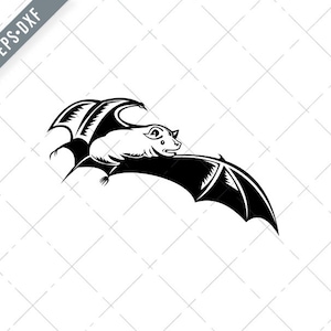 Megabat Fruit Bat Old World Fruit Bat of Flying Fox in Flight Woodcut Retro Black White Svg-Flying Fox SVG-Chiroptera Cut File-DXF-jpg-png