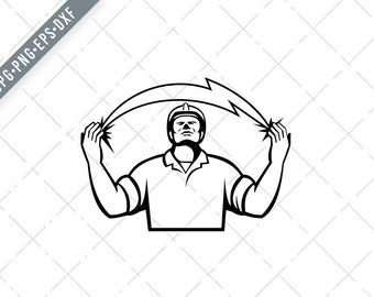 Electrician With Lightning Bolt Coming Out of Hands Retro Black and White svg-Electrician SVG-Electrician Cut File-Electrician DXF-jpg-png