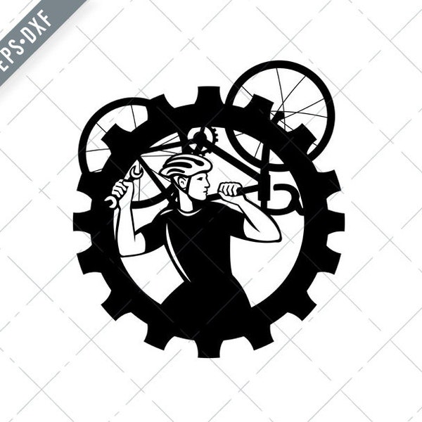 Cyclist Bicycle Mechanic Carrying Bike Sprocket Black and White SVG-Bicycle Mechanic SVG-Bicycle Mechanic Cut File-Cyclist DXF-jpg-png