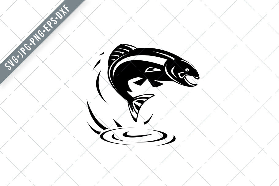 Trout Fish Jumping Out of Water Woodcut Retro Black and White Svg-trout ...