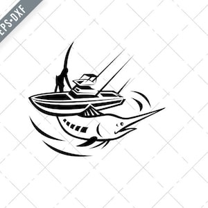 Blaue Marlin springen mit Charter Fischerboot Retro schwarz und weiß Svg-Atlantic blau Marlin SVG-Charter Fischerboot geschnitten Datei-DXF-jpg-png