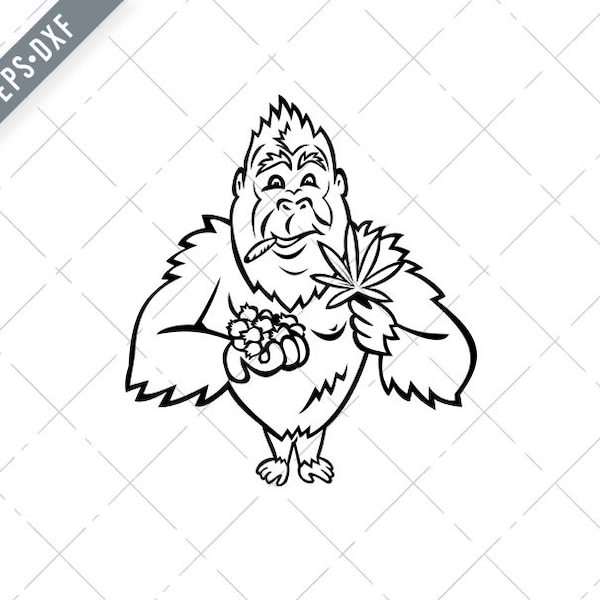 Gorilla Holding Blueberry and Cannabis Leaf Cartoon Mascot Black and White Svg-Cannabis SVG-Gorilla Cut File-DXF-jpg-png