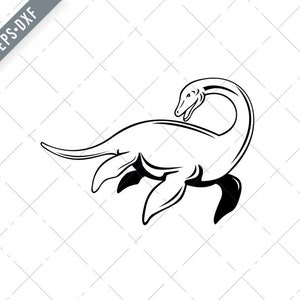ネス湖の怪物 Niseag または Nessie Swimming Side Retro Black and White SVG-Niseag SVG-Nessie Cut File-ネス湖の怪物 DXF-jpg-png