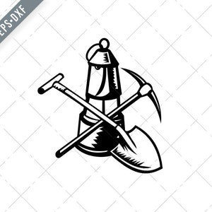 May include: Black and white illustration of a lantern, pickaxe, and shovel crossed over each other.