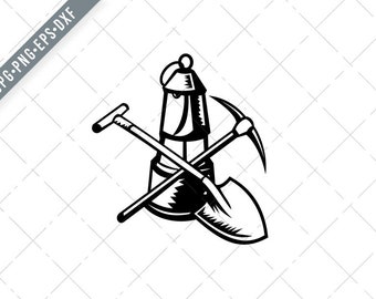 Vintage Coal Miner's Lamp or Davy Lamp with Crossed Shovel and Pickax Retro Woodcut Black and White Svg-SVG-Coal Mining Cut File-DXF-jpg-png