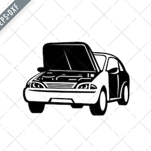 Automobile Car Auto met Popped of Open Hood Front View Retro Zwart en Wit Svg-Car breakdown SVG-Cut File-DXF-jpg-png
